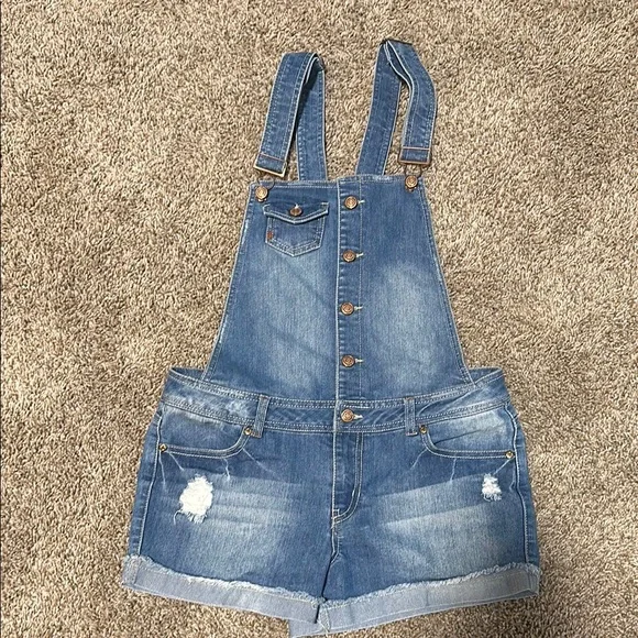 Juniors Dollhouse Blue Denim Short Overalls Size Large - Picture 2 of 6